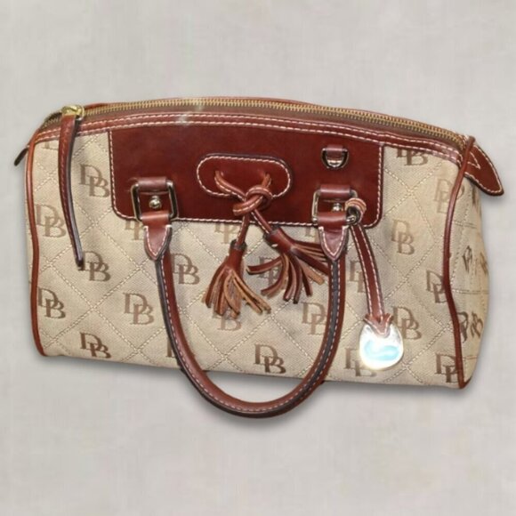 Dooney & Bourke Satchel Bag Domed Tassel Quilt Signature Canvas Leather Handle M - Picture 1 of 16
